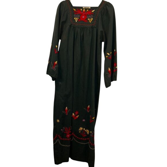 Vintage Ecuadorian Forest Green Embroidered Wedding tunic dress M - Picture 7 of 10